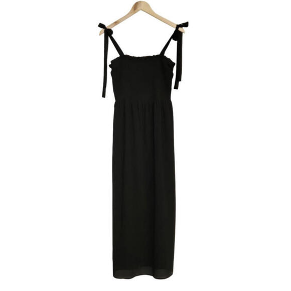 BLACK TAPE Smocked Midi Dress Black Adjustable Tie Straps Lined Size Large - Picture 4 of 8